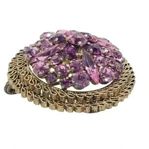 Vintage Brooch Pink Rhinestone Layered Gold Filigree Swirled Ribbon Austria